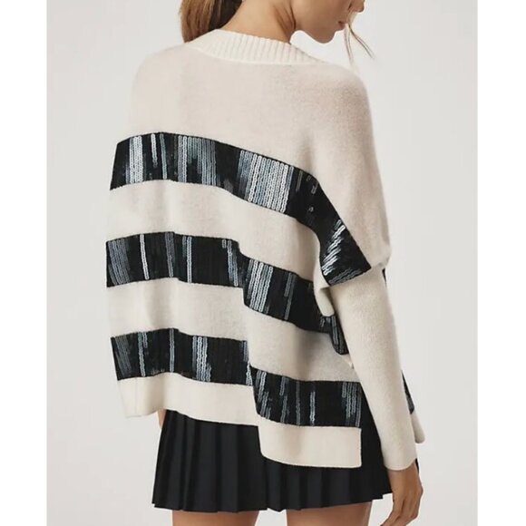 Anthropologie Maeve Cashmere Sequin Sweater XS/S/L Ivory Black Stripe Causal - Picture 3 of 9
